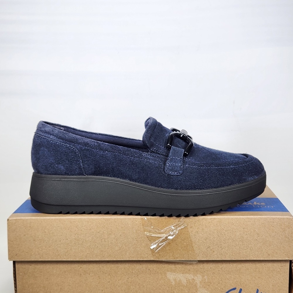 Clarks Zylah Top Loafers Women Size 10 Navy Suede Wedge Platform Slip On Shoes
